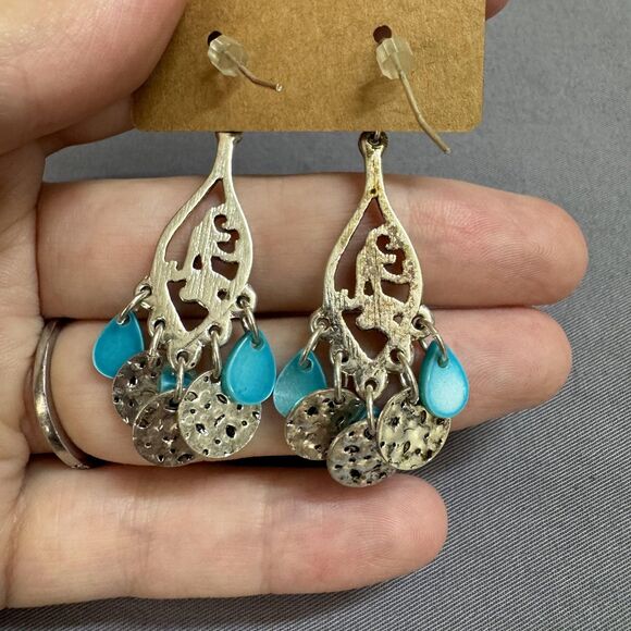 Silver Tone Faux Turquoise Teardrop Disc Dangle Drop Earrings Women Boho Jewelry - Picture 3 of 6